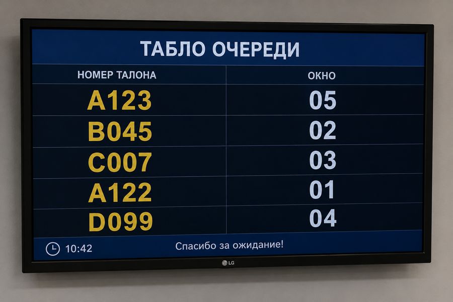 Табло очереди на телевизоре в холле клиники