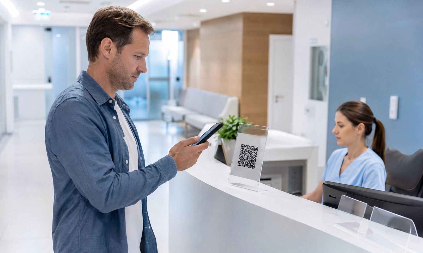 Пациент сканирует QR-код на ресепшене
